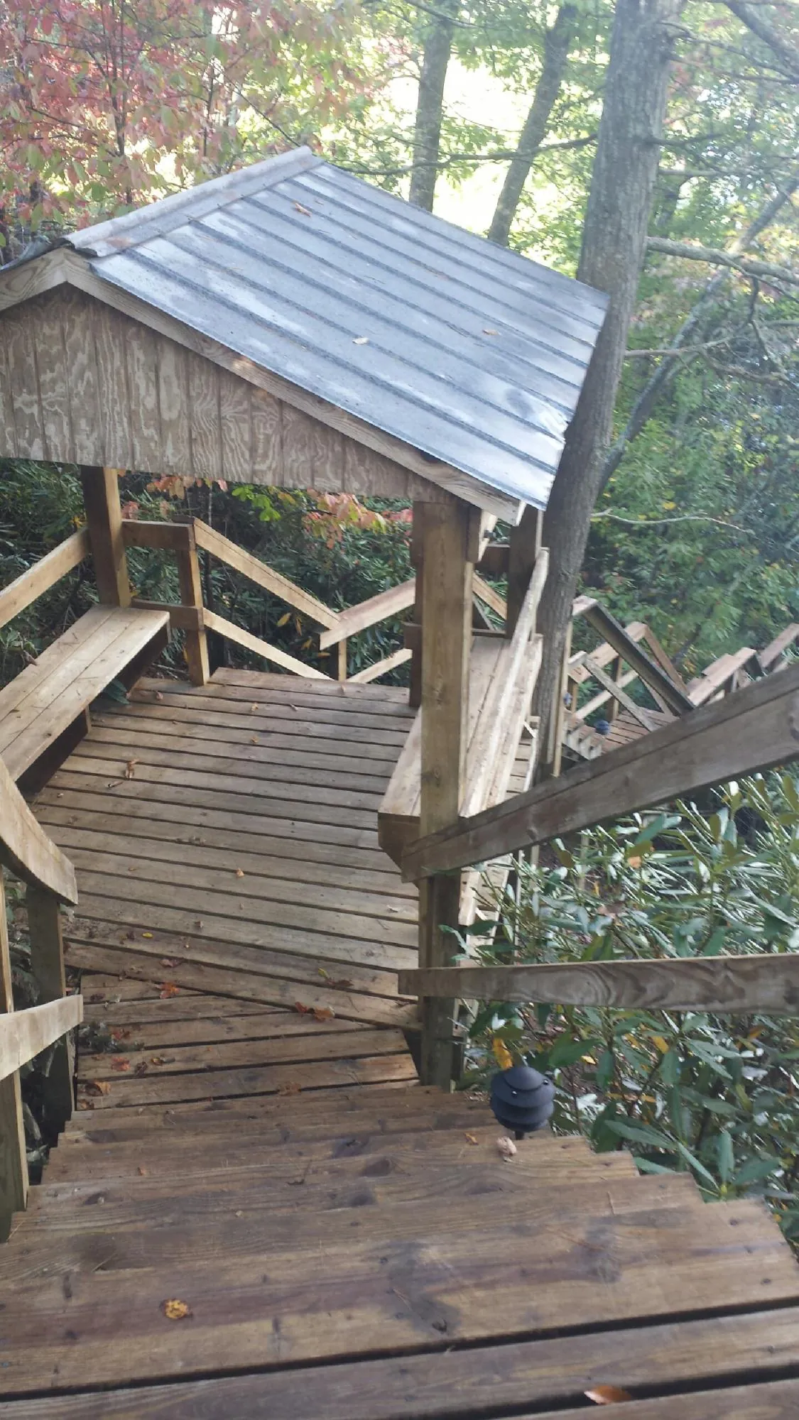 Metal roofed shelter over wooden steps on a wooded walkway — Skylight Repair & Installation work by our crew in Spindale